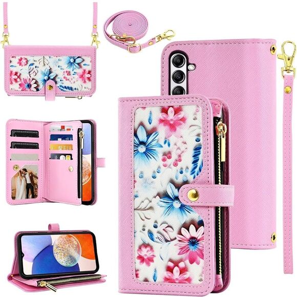 Samsung Galaxy A14 M14 5G Wallet Case Floral Wristlet Pink Card Holder Phone FC1 - Picture 1 of 8